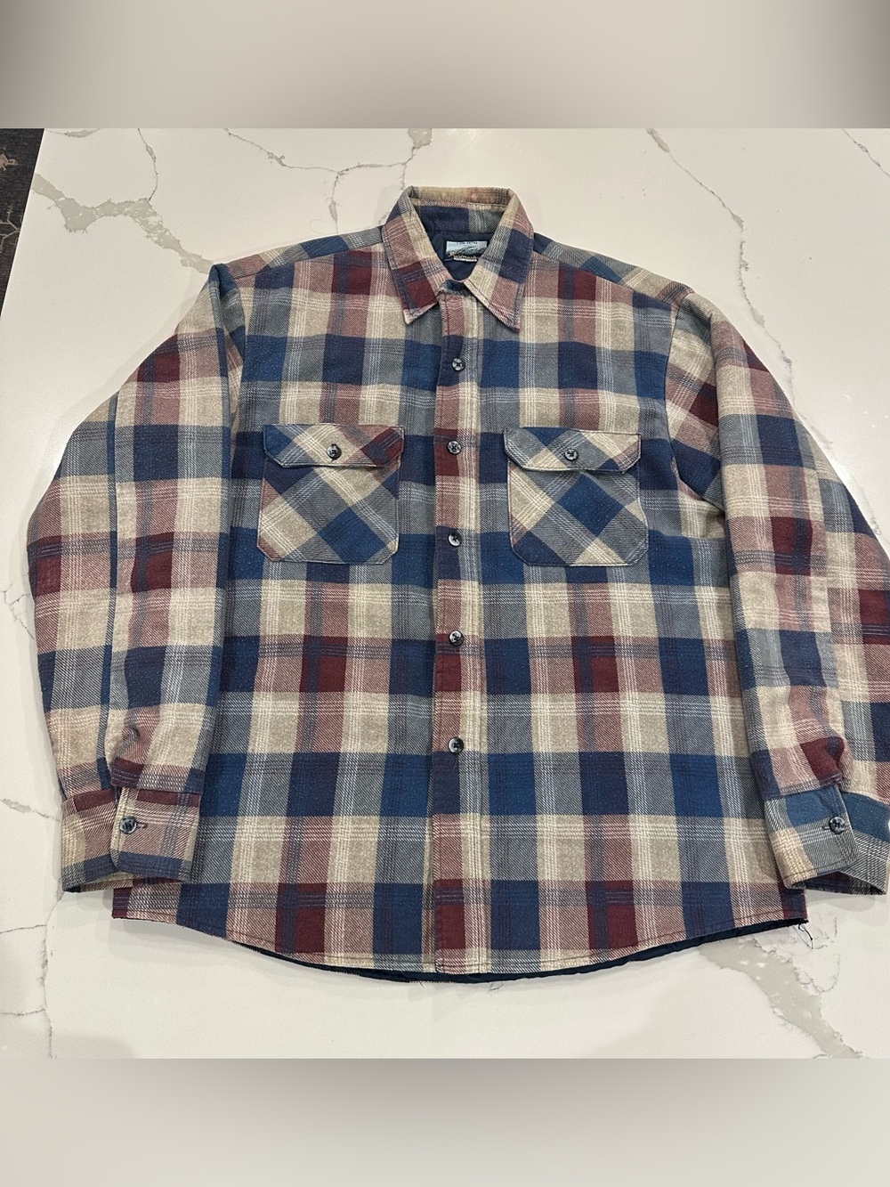 Vintage Fieldmaster Flannel Quilted Button Up Shirt Jacket L Blue Maroon Plaid